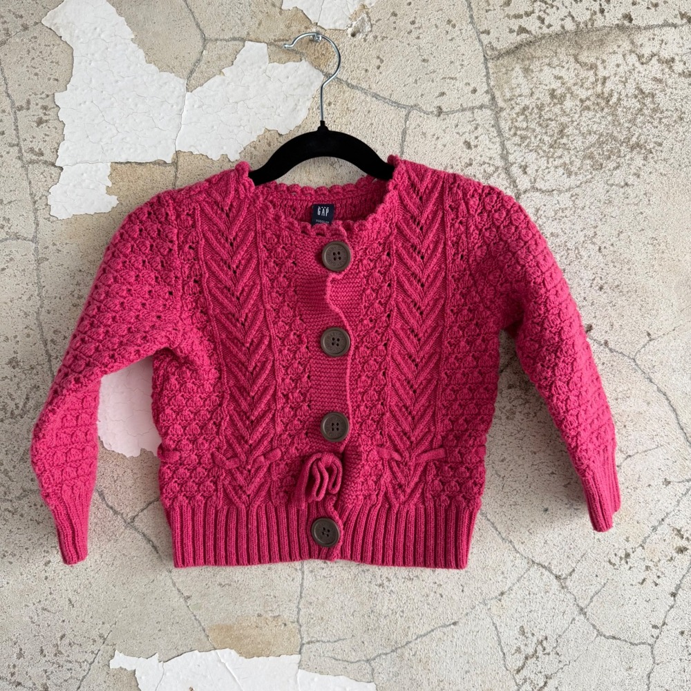 Y2K Cardigan Sweater Baby Gap Pink Cable Knit Chunky Crochet Wool Blend Girls 3T